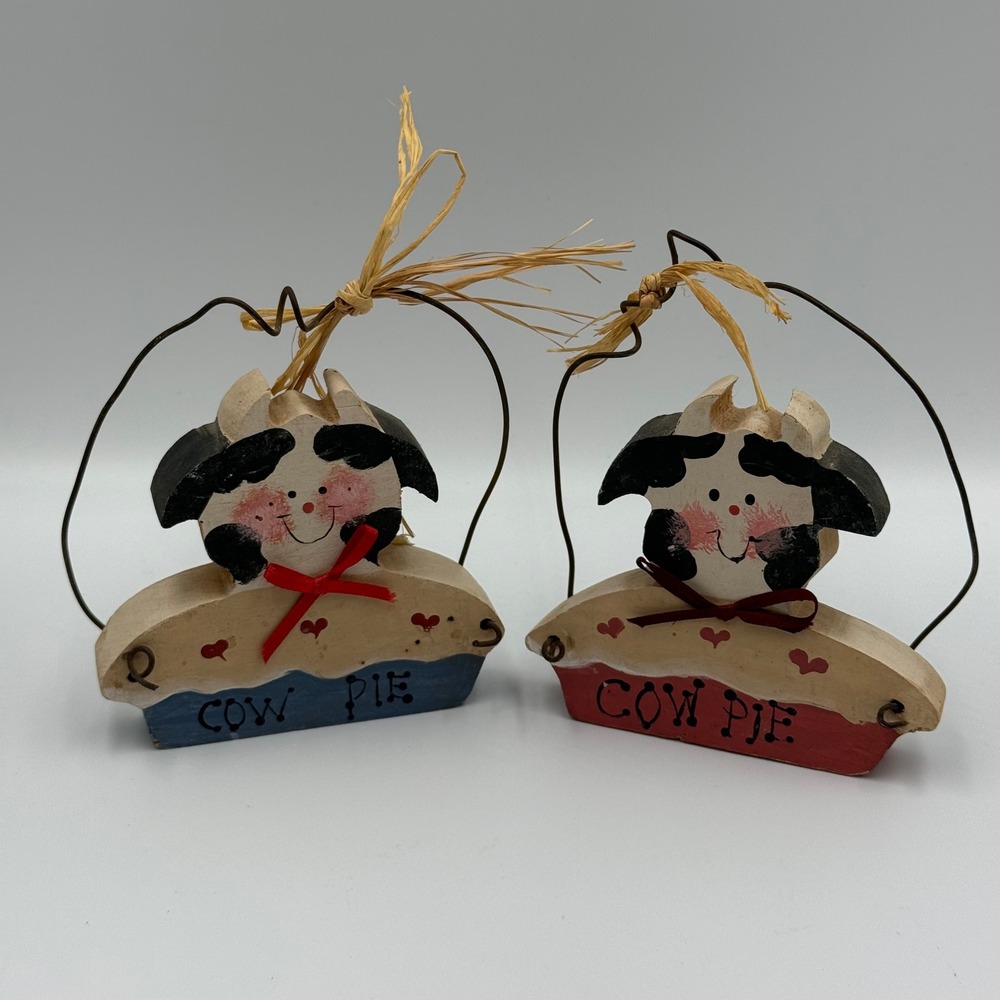 Vintage Wooden Cow Pie Wall Hangers Lot of 2 Farmhouse Folk Art Decor Red Blue